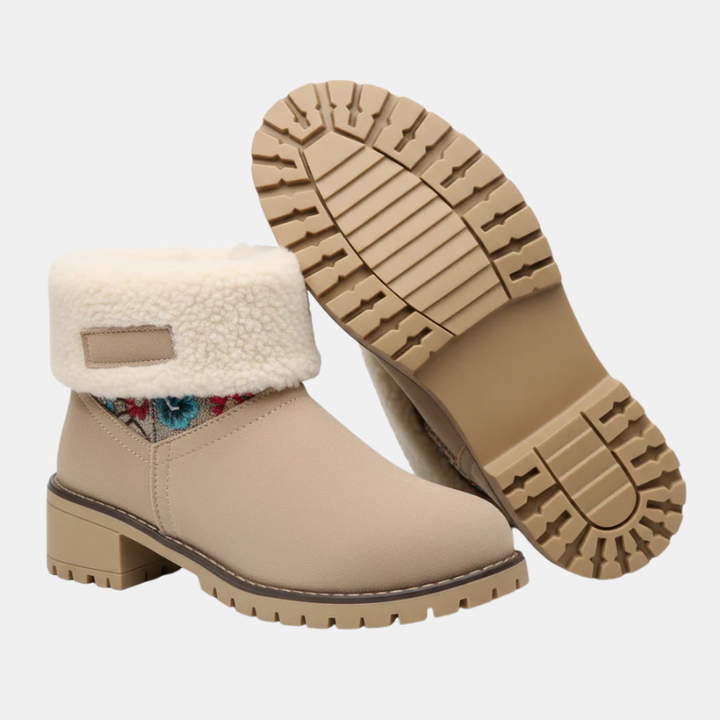 Block-heeled ankle boots in beige with cream sherpa cuff and lug sole.