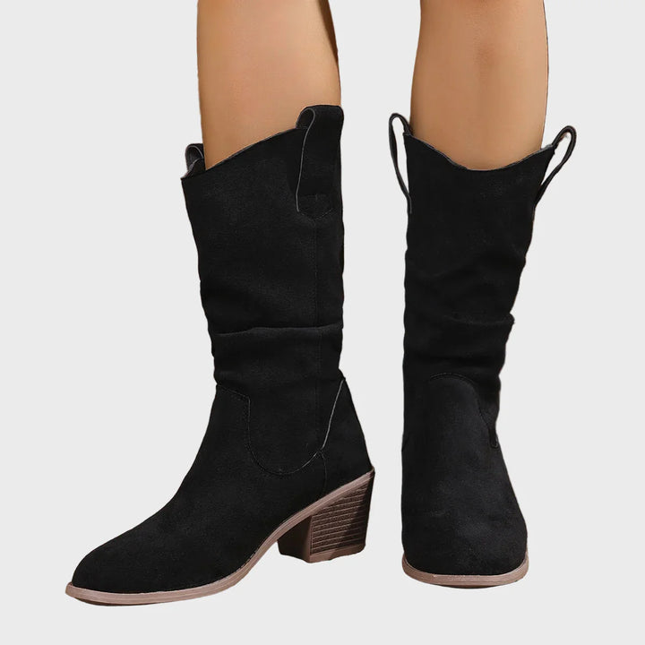 Black mid-heel cowboy boots, pull-on suede with western seams and stacked block heel