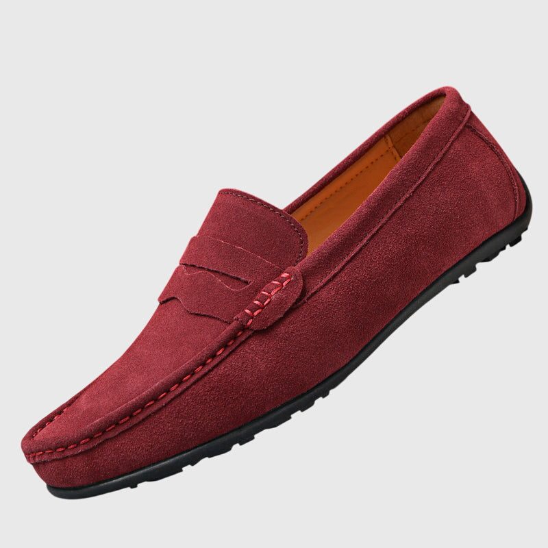 Burgundy suede orthopaedic loafer, side view with penny strap and low-profile sole