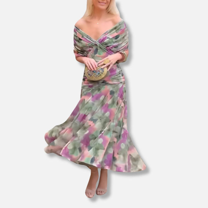 Elegant dress in multicolor floral with off-shoulder V-neck twist and flared skirt