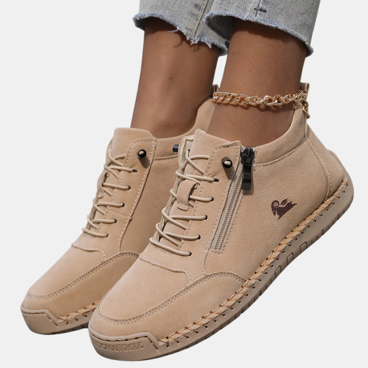 Light beige orthopedic lace-up shoes with side zipper and chain ankle strap