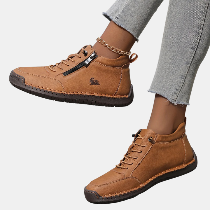 Khaki orthopedic lace-up shoes with side zipper, chain detail, and cushioned sole