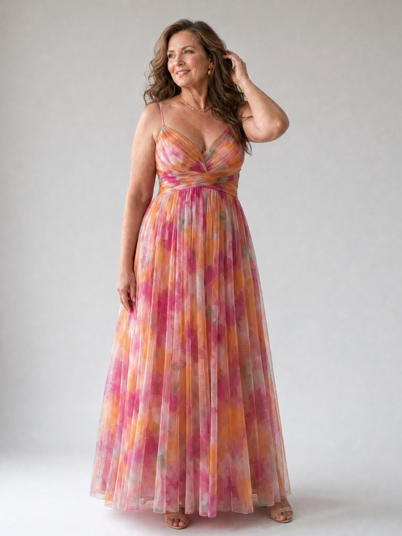 Multicolor abstract-print wrap maxi dress with V neckline and spaghetti straps