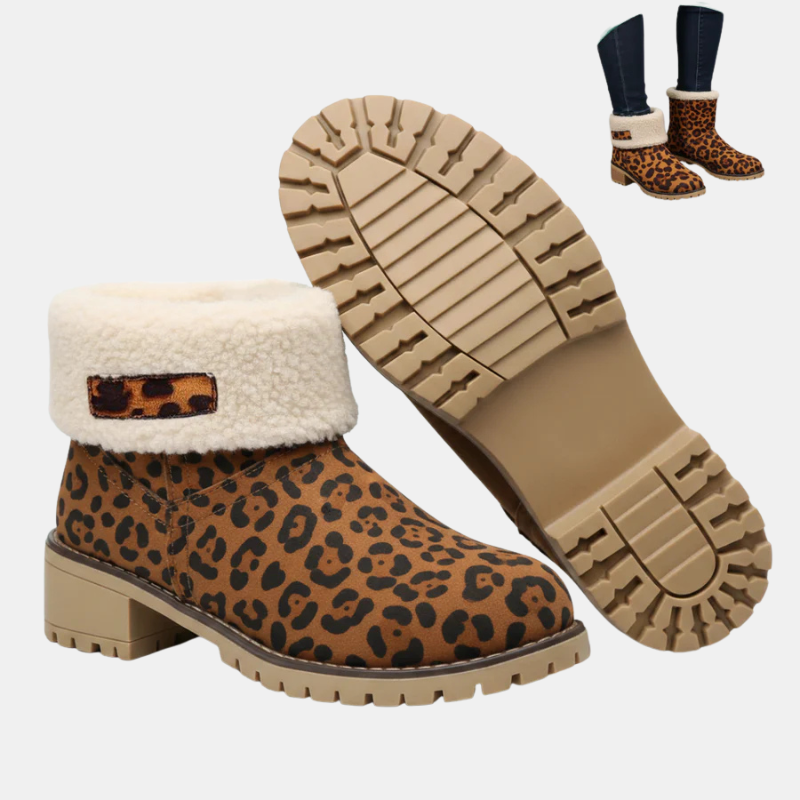 Block-heeled ankle boots in leopard print with cream sherpa cuff and lug sole.