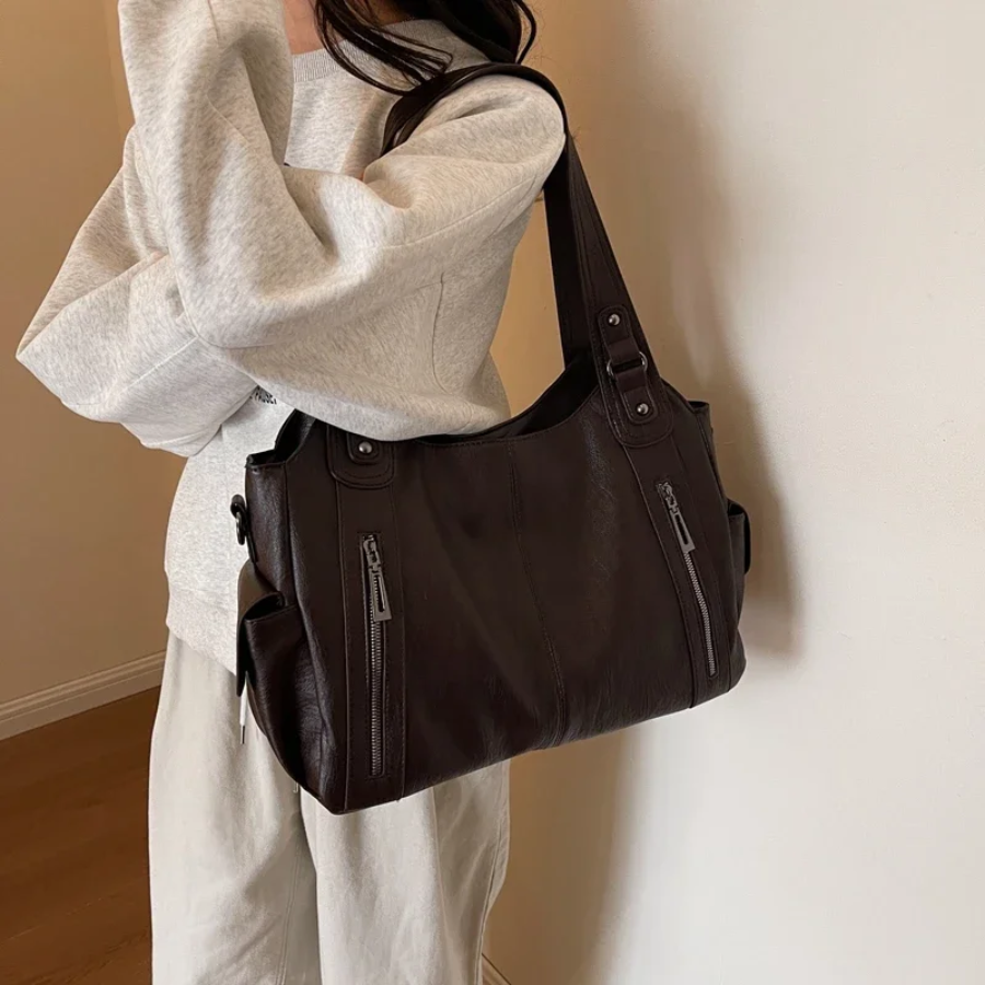 Dual-zipper large-capacity shoulder bag, dark brown with front zip pockets and strap