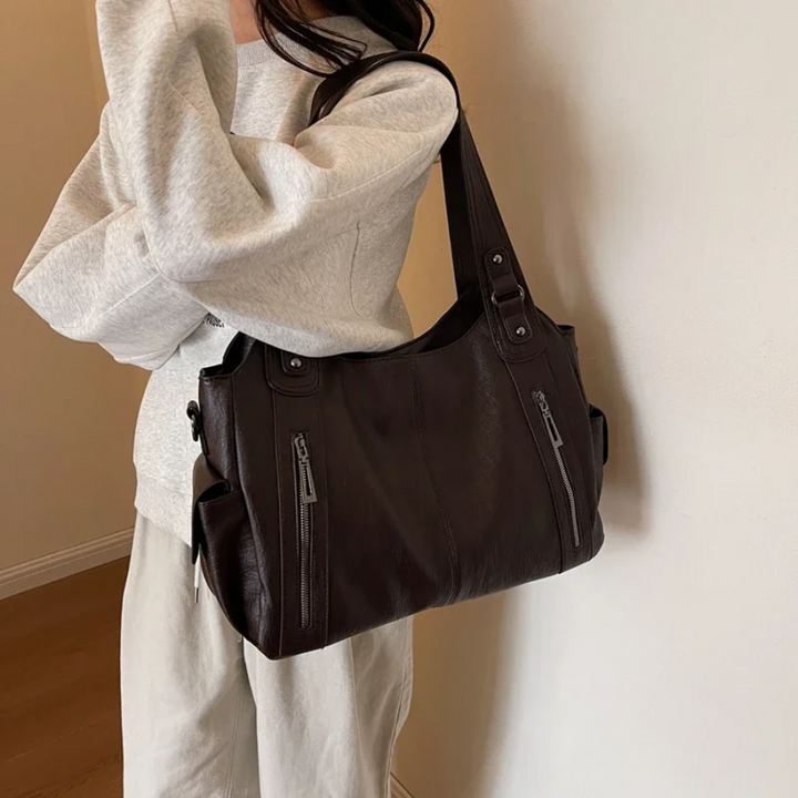 Dual-zipper large-capacity shoulder bag, dark brown with front zip pockets and strap