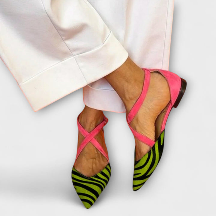 Pink band loafers with green zebra-print pointed toe and low black heel