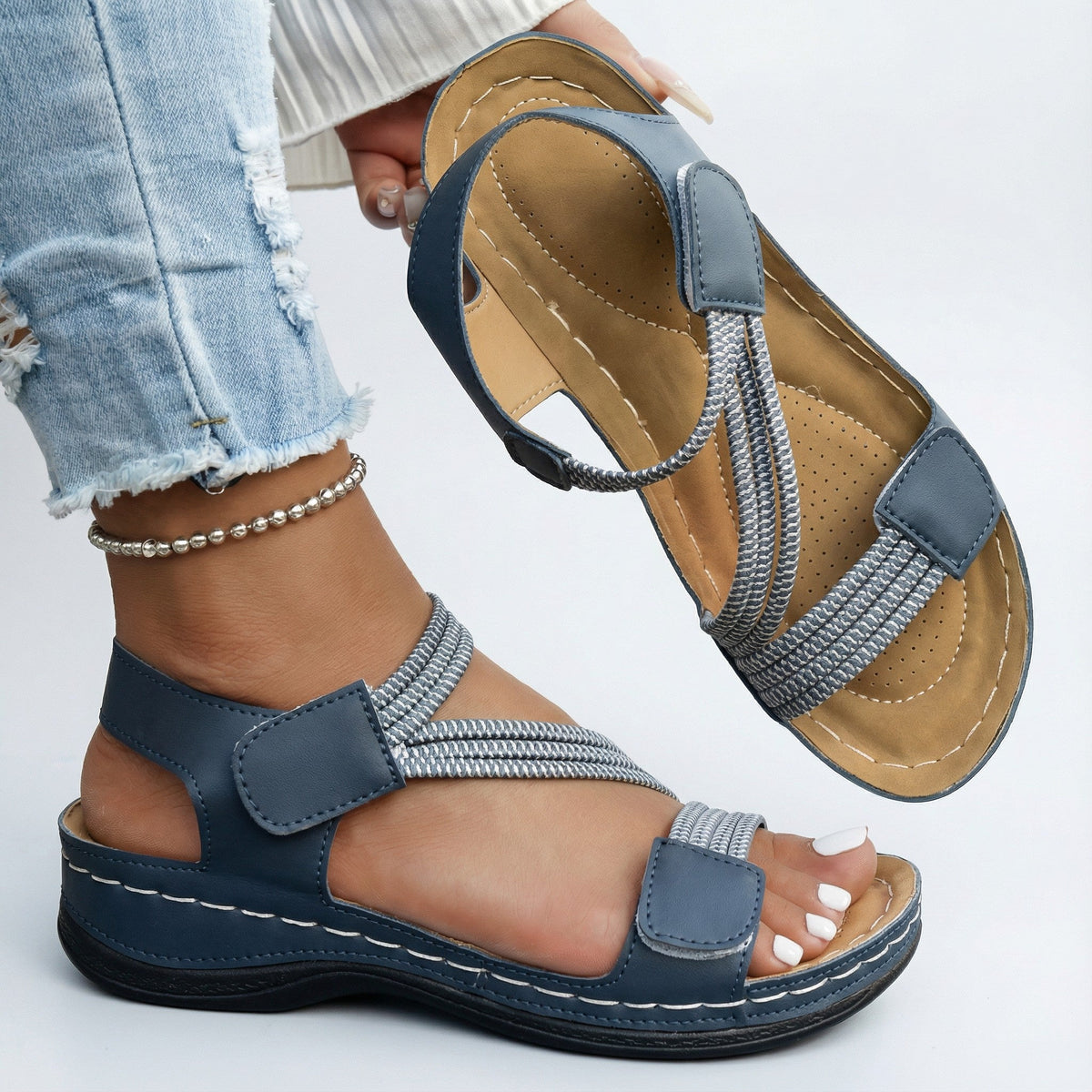 Orthopedic comfort sandals, blue adjustable straps with textured sling and cushioned sole