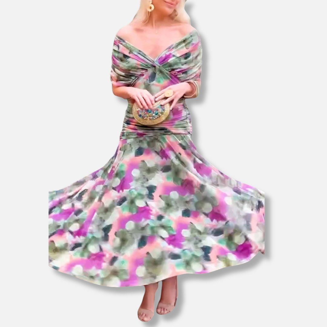 Elegant dress in multicolor floral with off-shoulder V-neck twist and full skirt