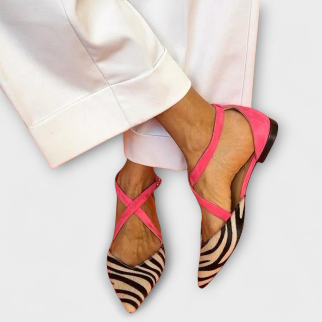 Pink band loafers with zebra-print pointed toe and low black heel