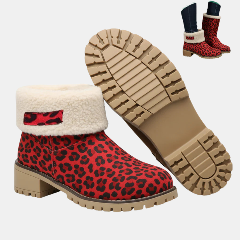 Block-heeled ankle boots in red leopard print with cream sherpa cuff and lug sole.