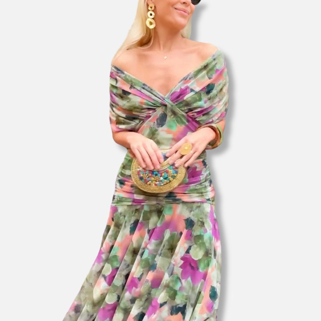 Elegant dress in multicolor floral with off-shoulder V-neckline and fitted waist