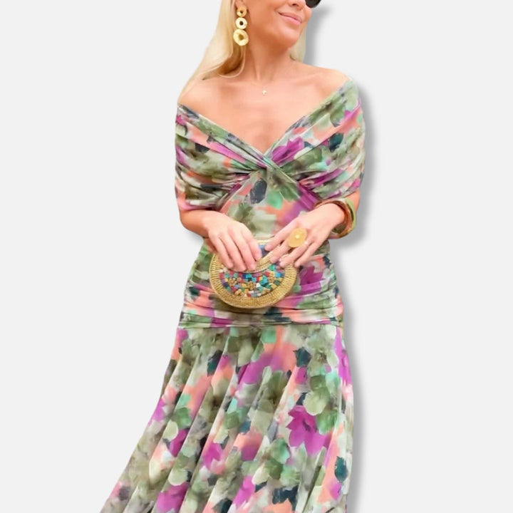 Elegant dress in multicolor floral with off-shoulder V-neckline and fitted waist