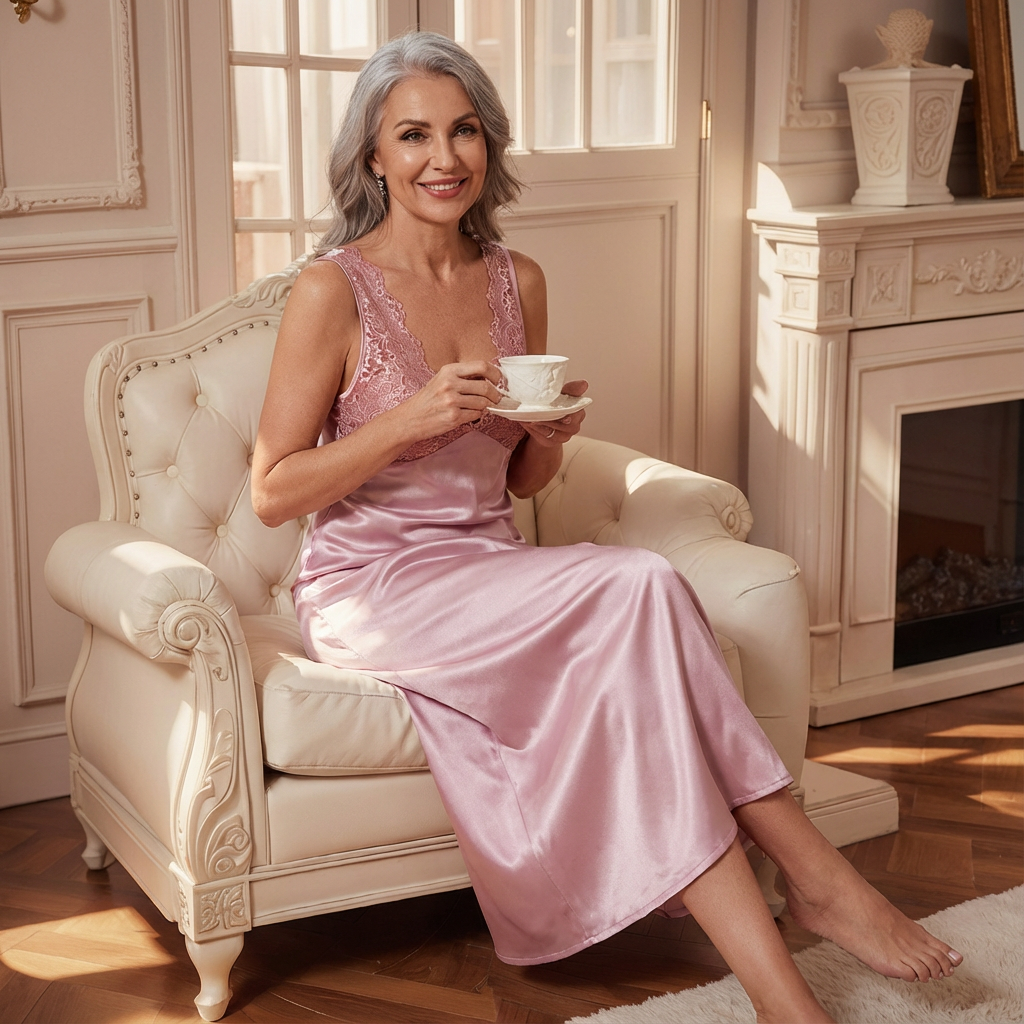 Pink satin nightgown with lace trim V neckline, sleeveless slip style, long length