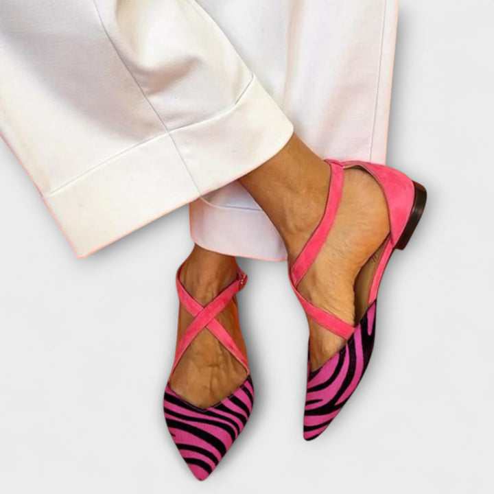 Pink band loafers with magenta zebra-print pointed toe and low black heel