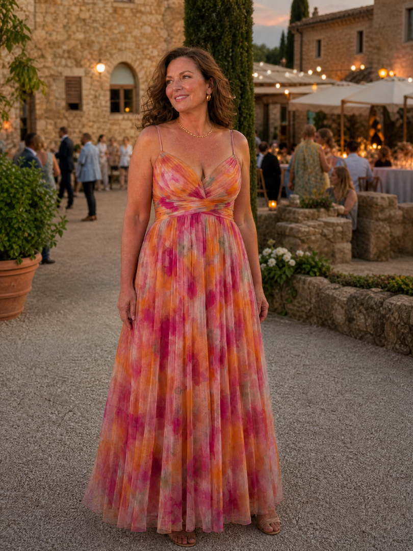 Multicolor abstract-print maxi dress with thin straps and wrap bodice