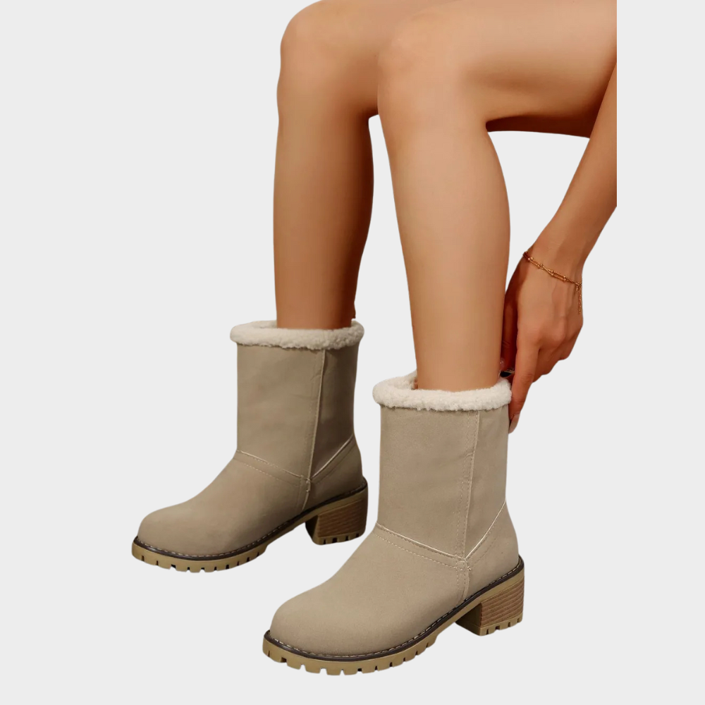Taupe suede mid-heel winter boots with thick white sherpa cuff and block heel