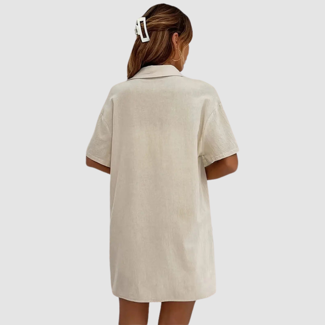Two-piece summer set with button-up top and drawstring shorts, light beige