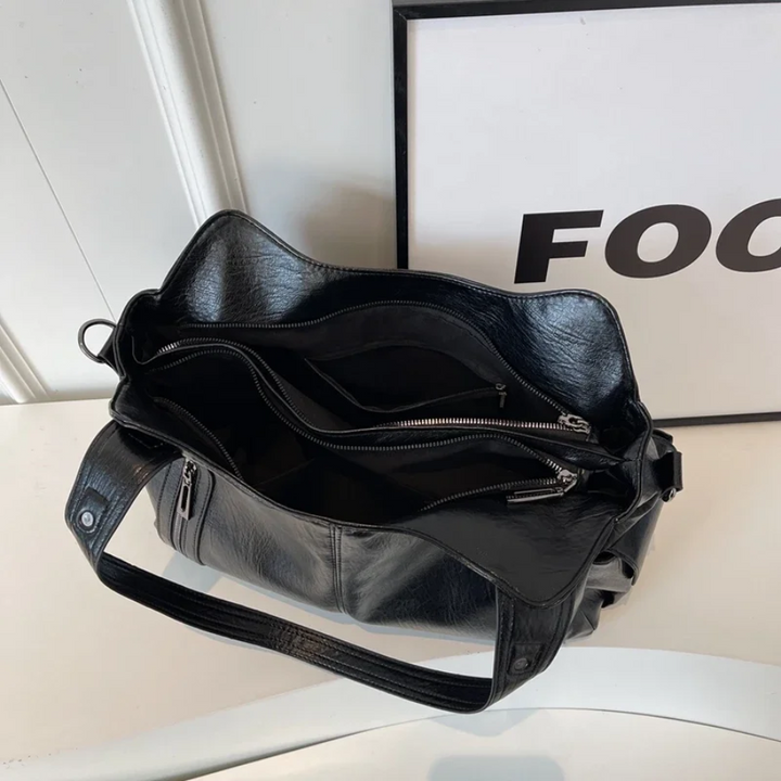 Dual-zipper large-capacity shoulder bag, black with top handles and two front zippers