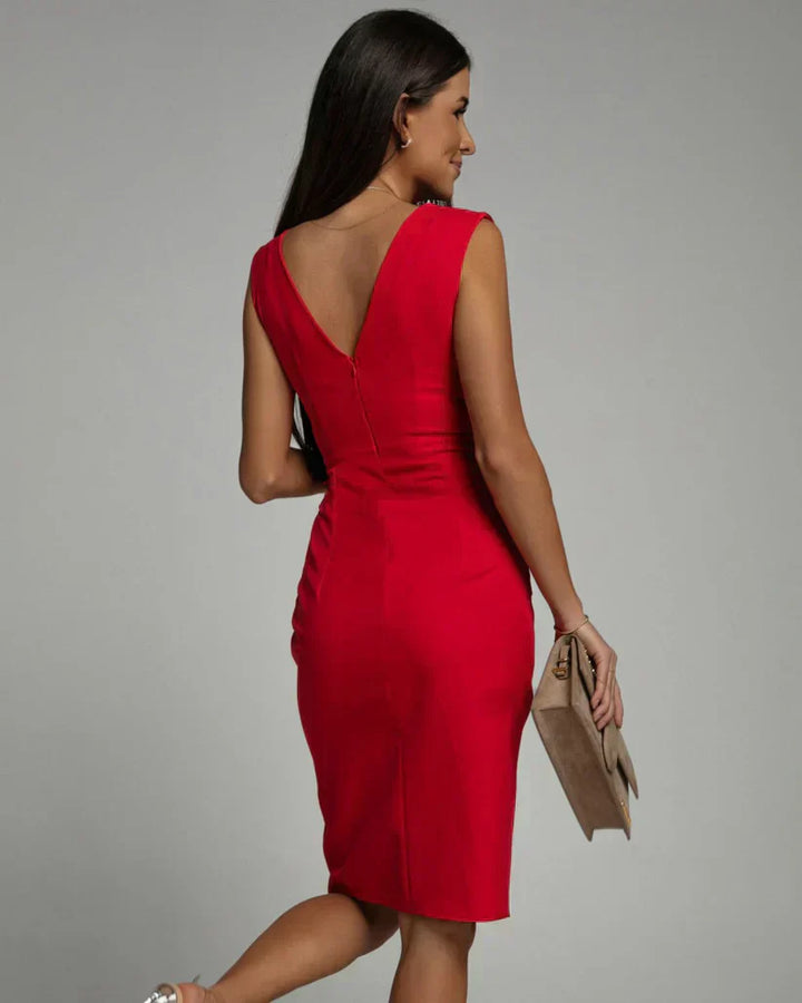 Red backless bodycon dress with V-back and vertical seam detail
