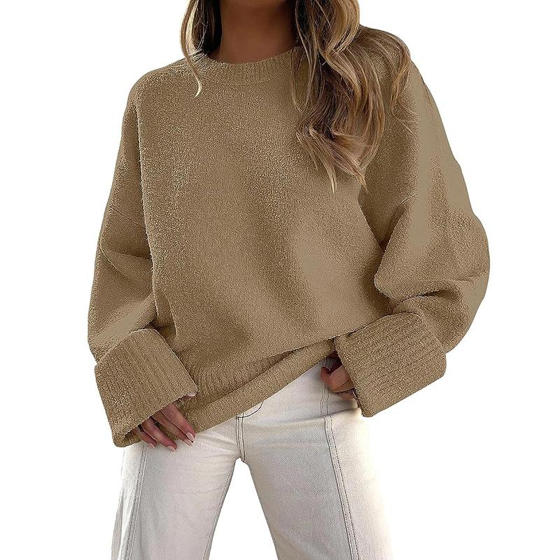 Long sleeve crewneck pullover sweater, camel with ribbed cuffs and hem