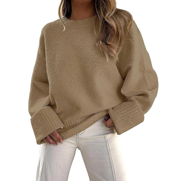Long sleeve crewneck pullover sweater, camel with ribbed cuffs and hem