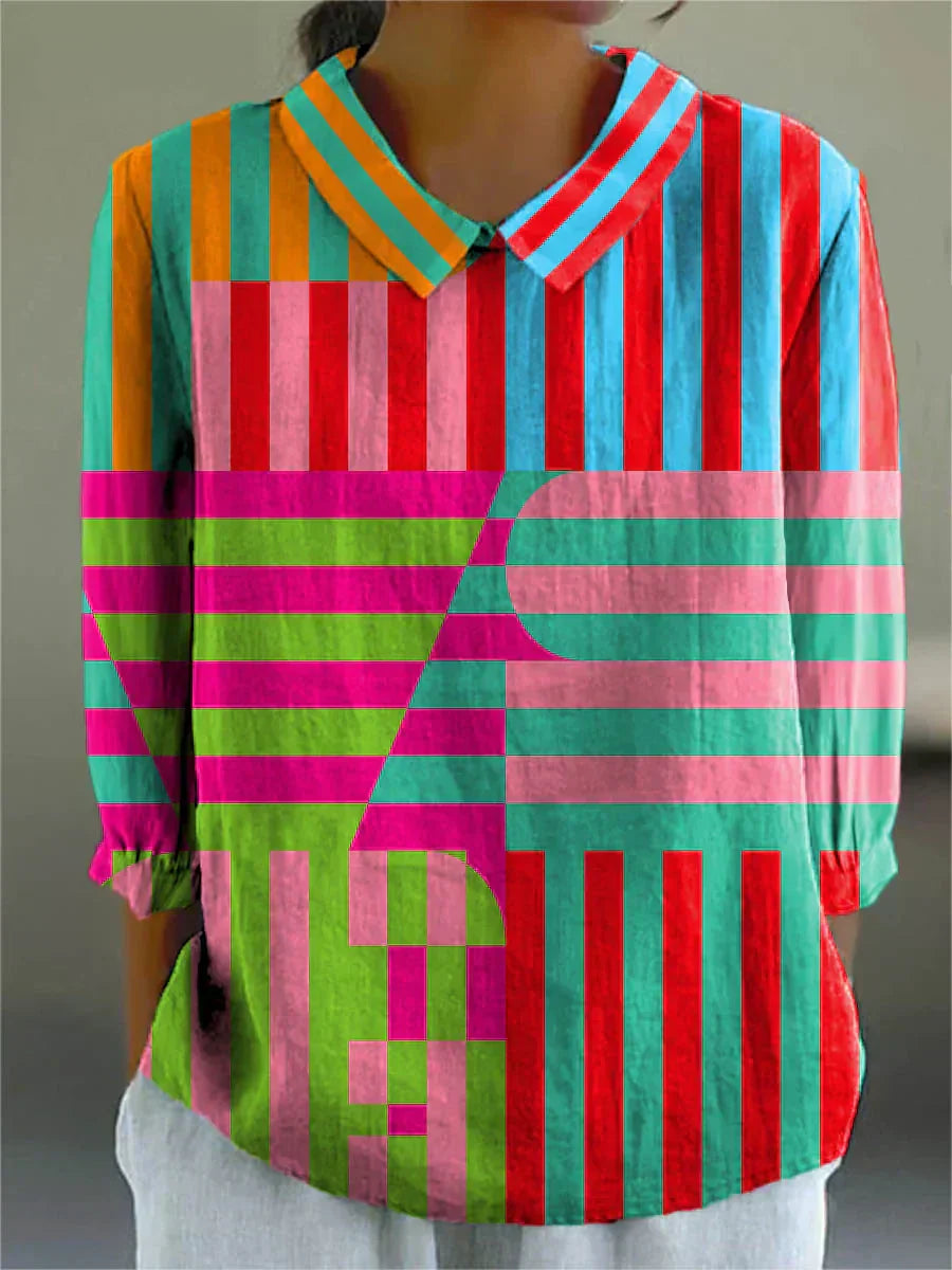 Geometric colorplay blouse with multicolor vertical stripes and patchwork checks, button front