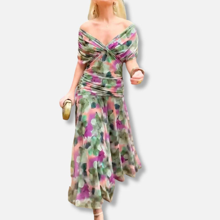 Elegant dress in multicolor floral with off-shoulder V-neckline and mid-calf hem