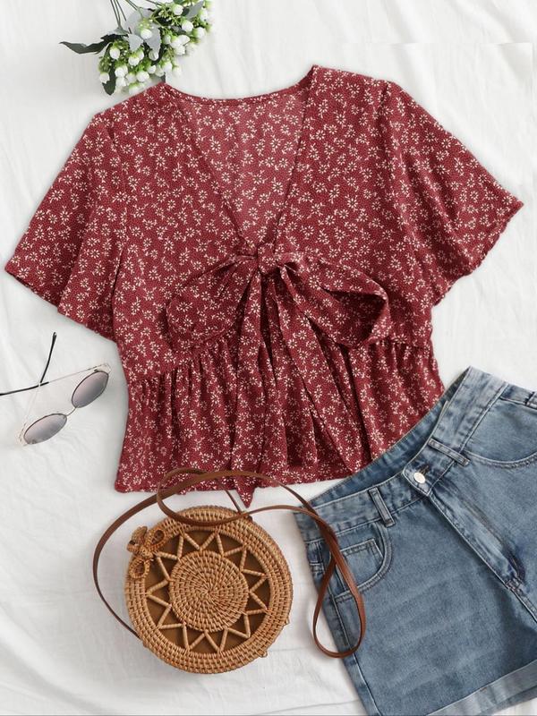 Rose red floral v-neck flowy top with short sleeves and tied front detail