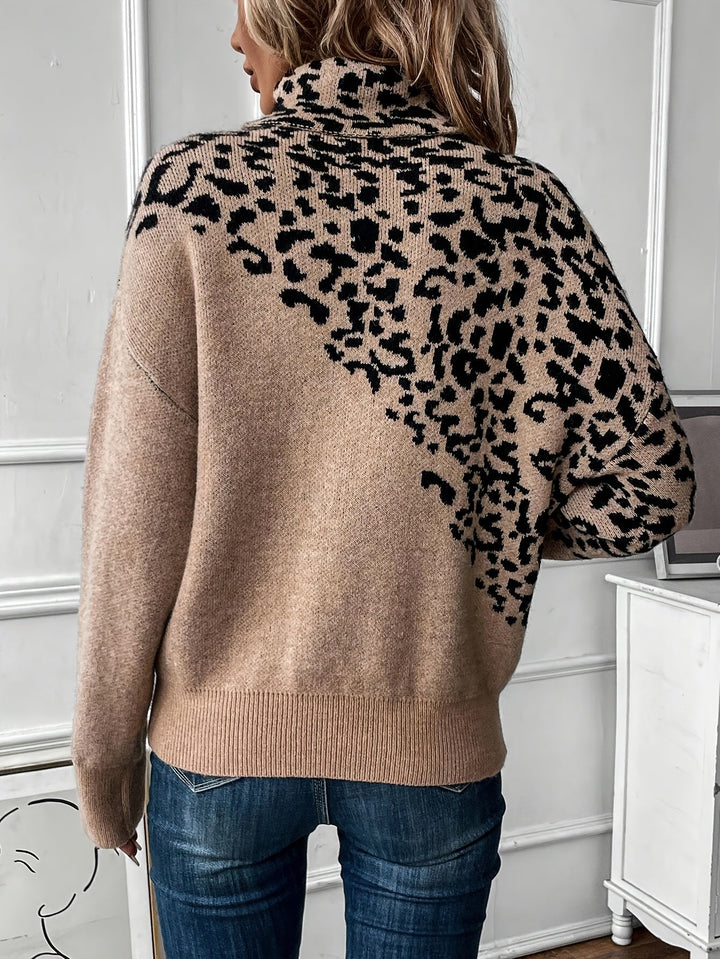 Leopard print back mock-neck sweater, tan knit with ribbed cuffs and hem