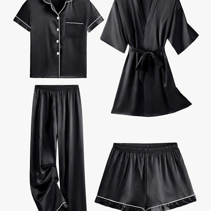 Black satin pajama set with mid-sleeve button top, belt-tied robe, and elastic pants