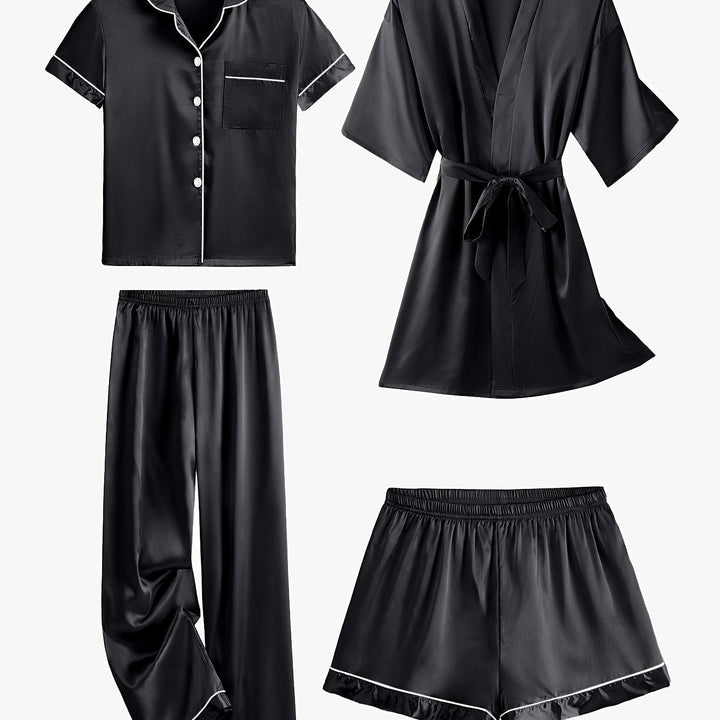 Black satin pajama set with mid-sleeve button top, belt-tied robe, and elastic pants