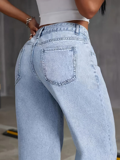 Light blue high-waisted wide-leg denim jeans, close-up back yoke and patch pocket