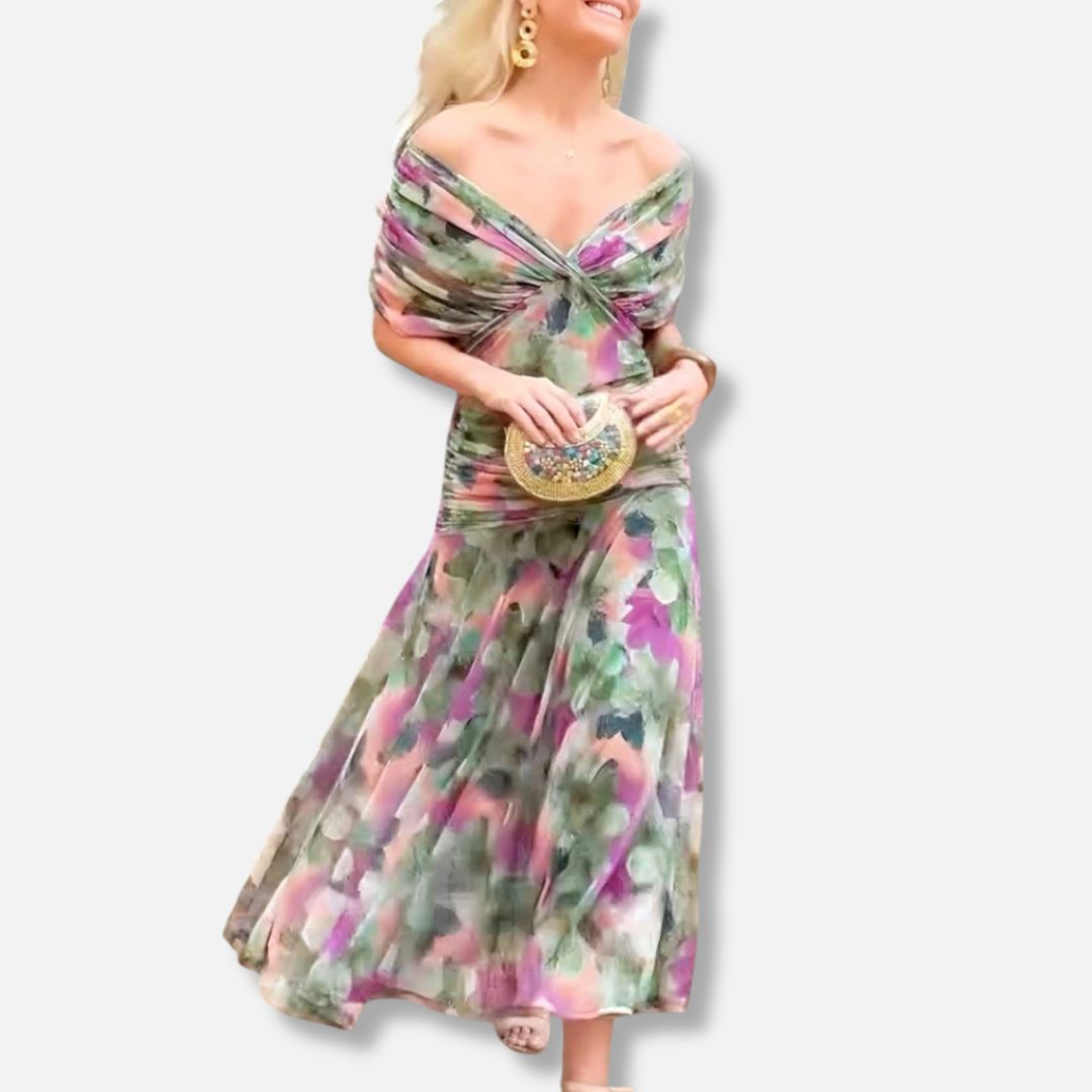 Floral midi dress with off-shoulder neckline and twisted front knot in green, pink, purple