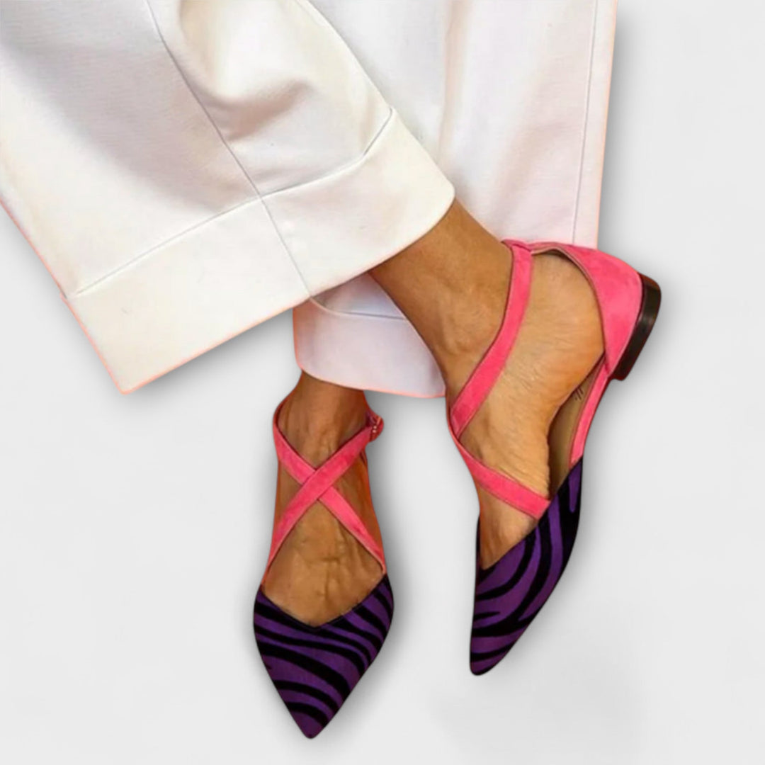 Pink band loafers with purple zebra-print pointed toe and low black heel
