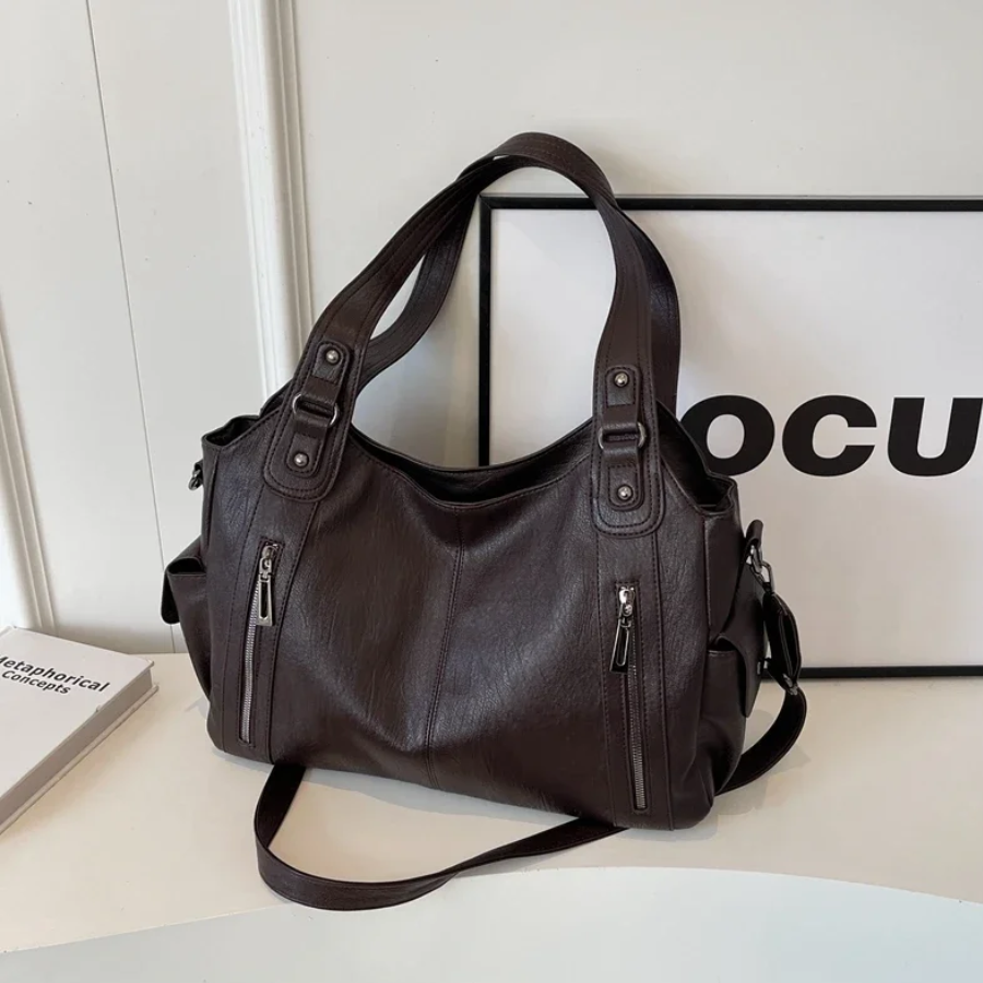 Dual-zipper large-capacity shoulder bag, espresso brown with dual handles and side straps