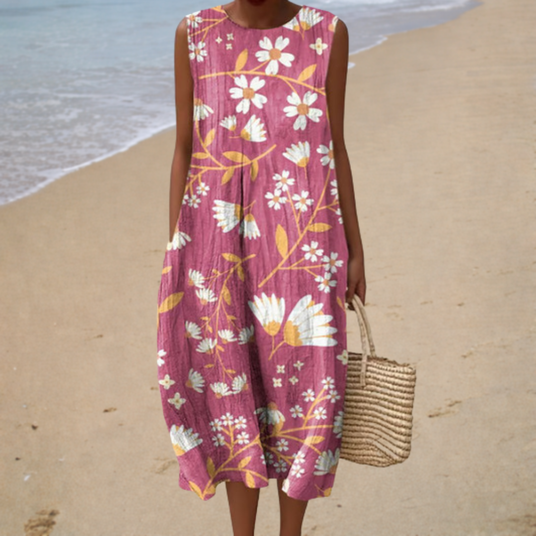Sleeveless summer dress with floral print, sleeveless round neckline, midi length.