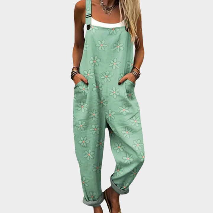 Mint green floral printed sleeveless overalls with adjustable straps