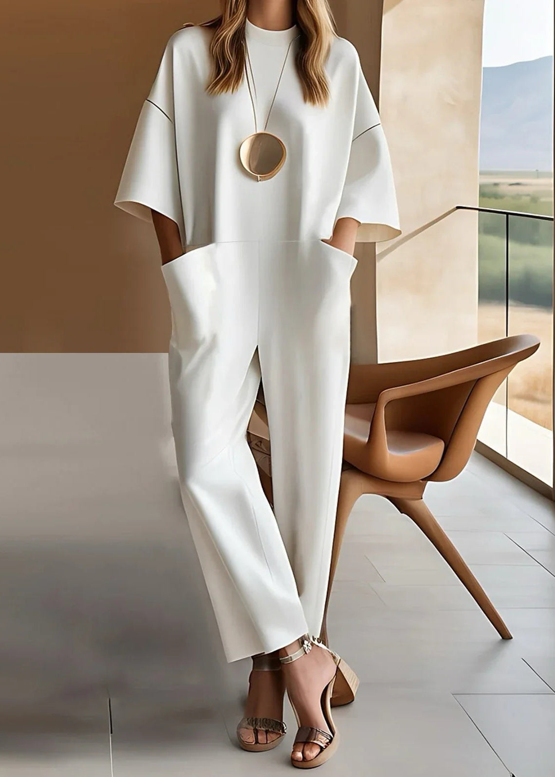 Emmy Elegant short-sleeve jumpsuit in white, relaxed straight-leg, round neckline