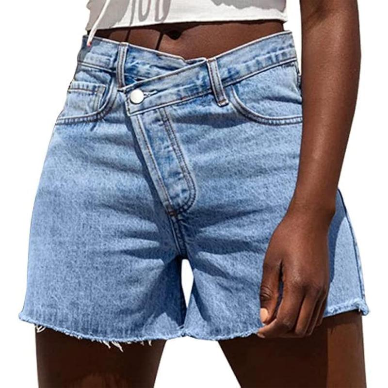 Light-wash high-waisted denim shorts with button fly, belt loops, and frayed hem