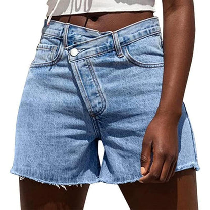 Light-wash high-waisted denim shorts with button fly, belt loops, and frayed hem