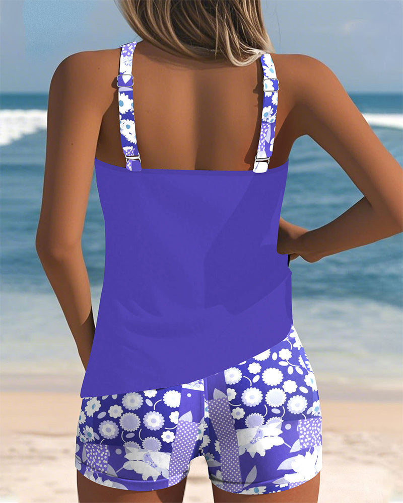 Back view purple swimsuit tank top with printed boxer shorts and floral strap details