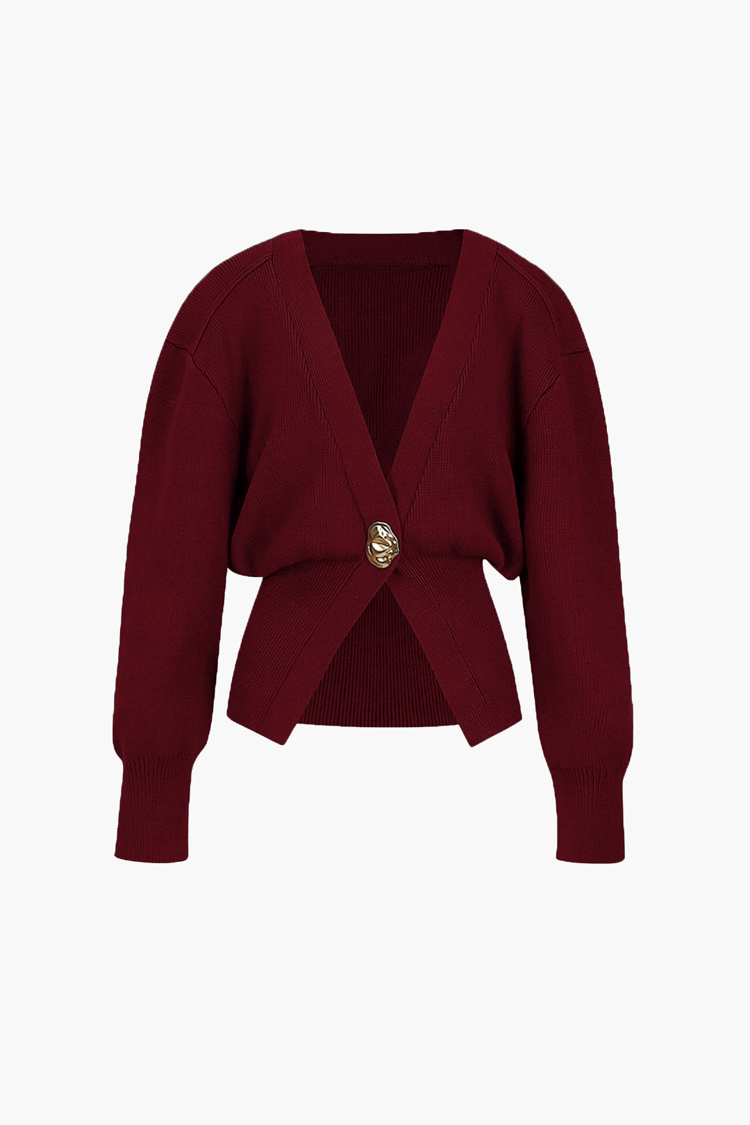 Burgundy modern cardigan front, V-neck wrap with gold button and ribbed hem