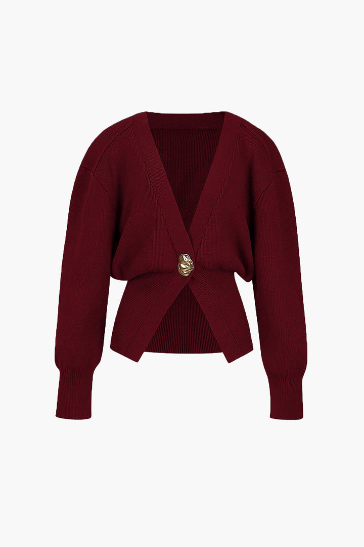 Burgundy modern cardigan front, V-neck wrap with gold button and ribbed hem