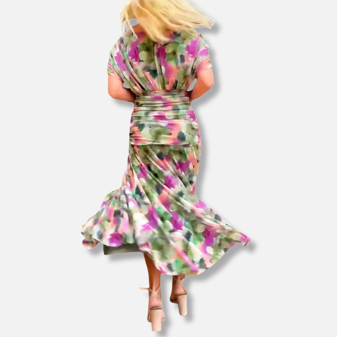 Floral midi dress, off-shoulder with twisted front knot; flared skirt in green and magenta