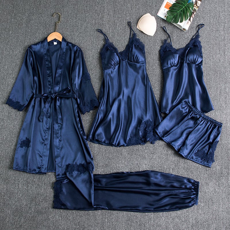 Blue satin silk 5-piece nightwear set with lace-trim robe, camisole, and shorts