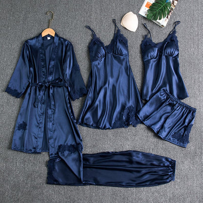 Blue satin silk 5-piece nightwear set with lace-trim robe, camisole, and shorts