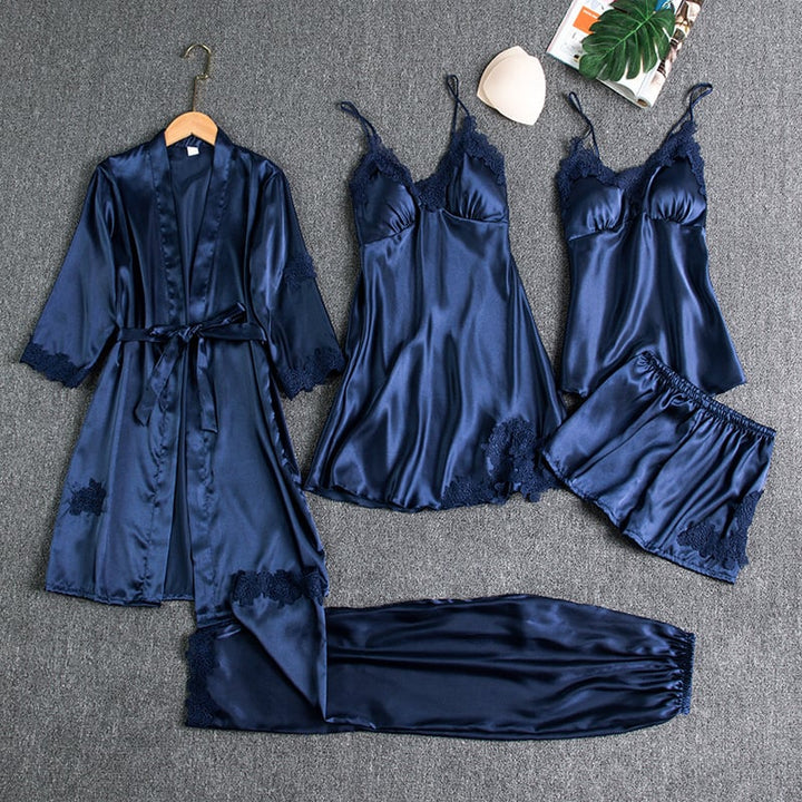 Blue satin silk 5-piece nightwear set with lace-trim robe, camisole, and shorts