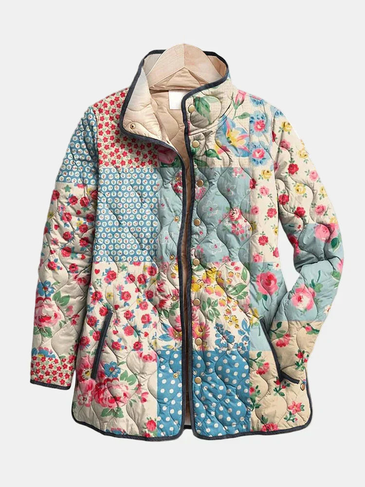 Quilted floral jacket with multicolor patchwork panels and full zip front