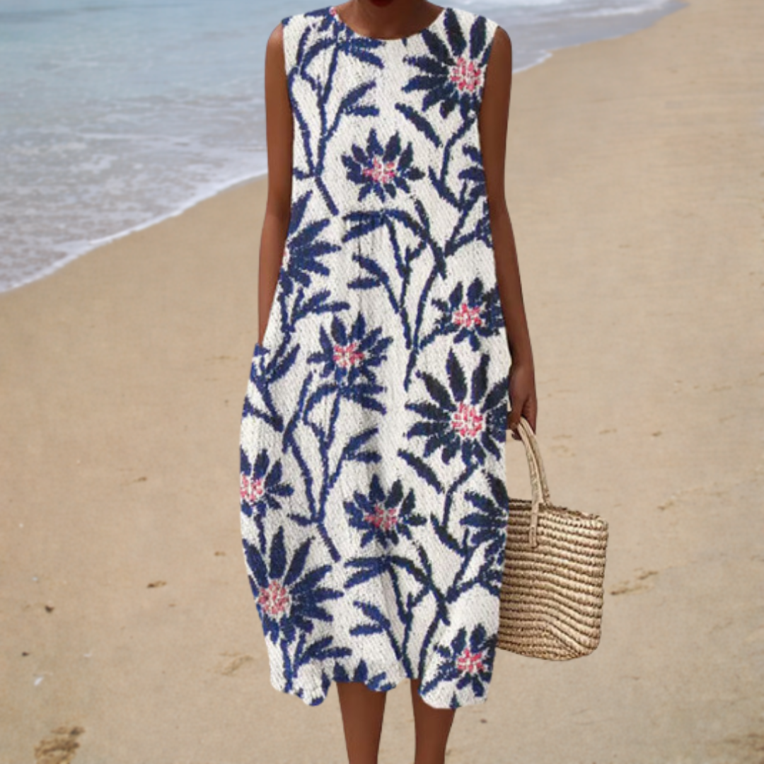 Sleeveless summer dress, navy floral print, crew neck, knee-length